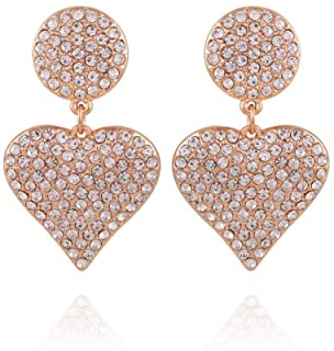 Pave disc top earring with pave heart dangle drop