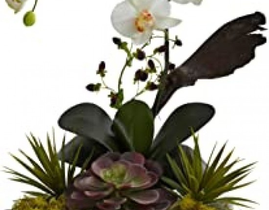 Nearly Natural 1326 Orchid and Succulent Garden with White Wash Planter, White